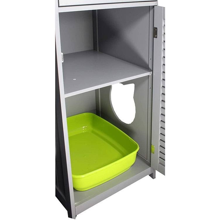 Penn-Plax Cat Walk Furniture: Contemporary Home Cat Litter Enclosure - Storage Drawer, Inner Shelf, and Shutter Style Door - Gra
