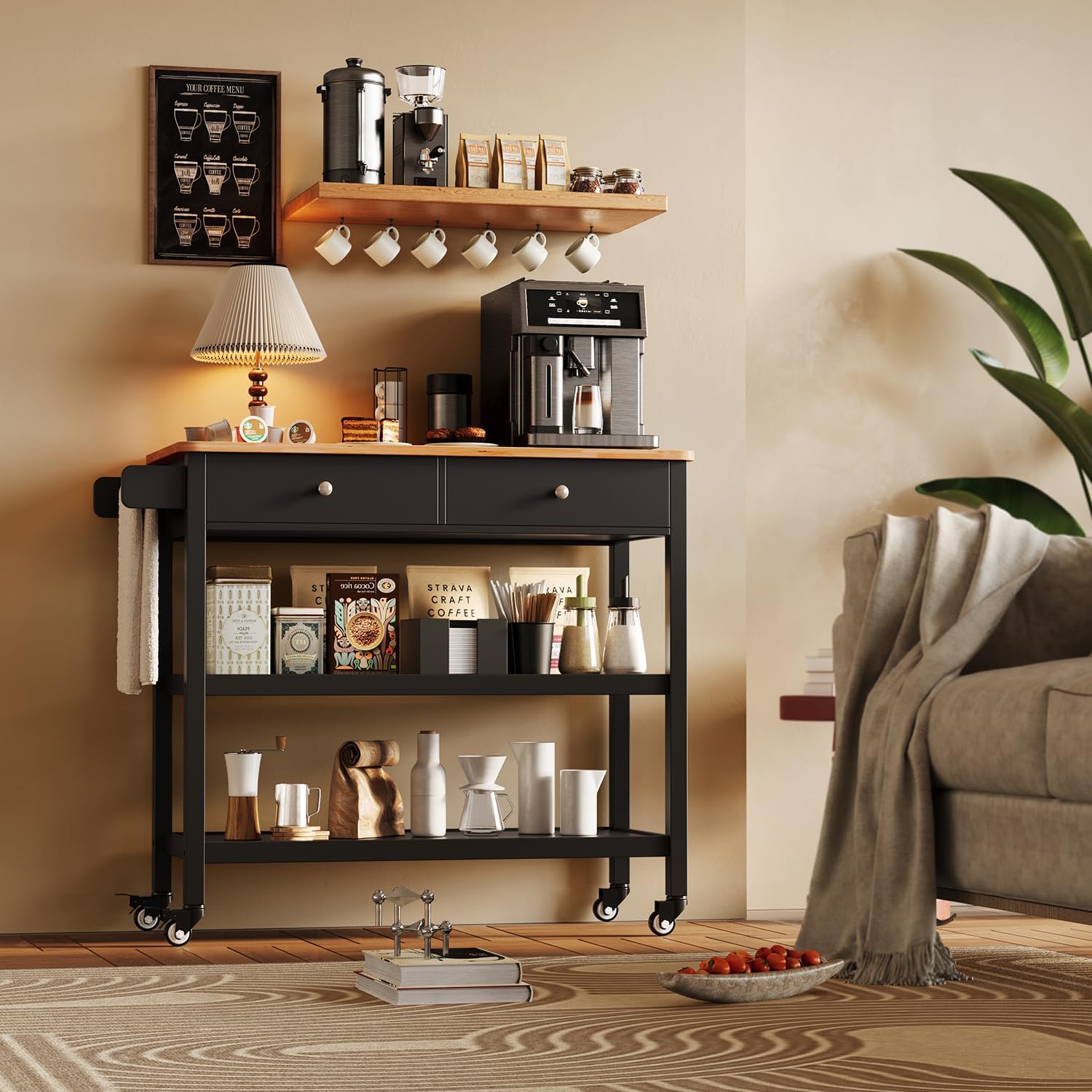 Gizoon Kitchen Island Cart with Storage, 40’’ Wooden Top, 2 Tiers Spacious Shelves and Towel Bar