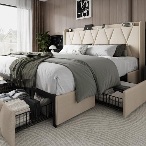 Queen Bed Frame with 4 Storage Drawers and Charging Station, Upholstered Platform Bed Frame with Storage Headboard, No Box Spring Needed