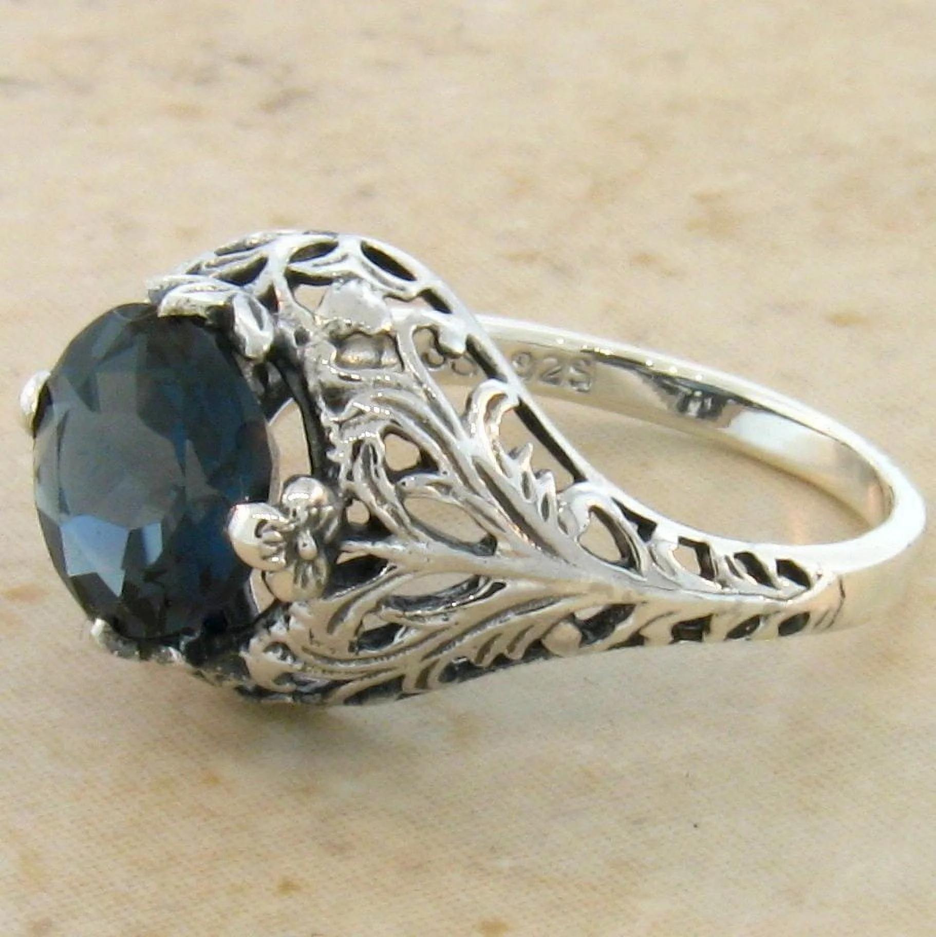 2 CARAT GENUINE LONDON BLUE TOPAZ 925 STERLING VICTORIAN STYLE FILIGREE RING        #734