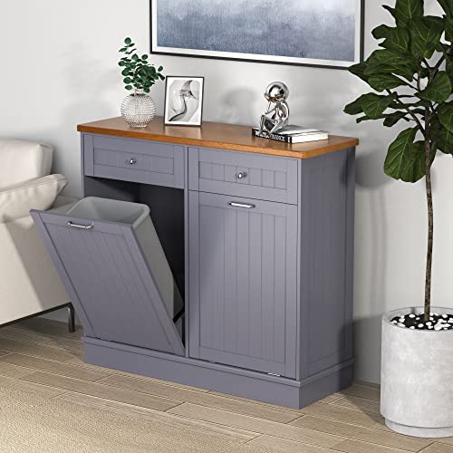 Double Tilt Out Trash Cabinet 20 Gallon,Antique-style Beadboard Trash Can Cabinet Kitchen with Solid Wood Tabletop & Drawer, Pet Proof Trash Can