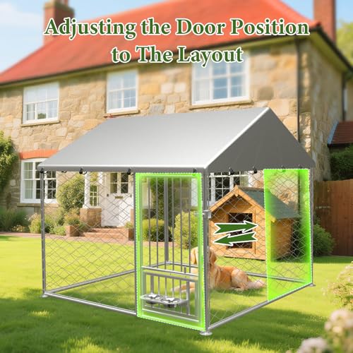 10X10FT Outdoor Large Dog Kennel, Heavy Duty Dog Cage for Large Dogs, Durable Dog House Enclosure with Roof and Rotating Feeder Bowls