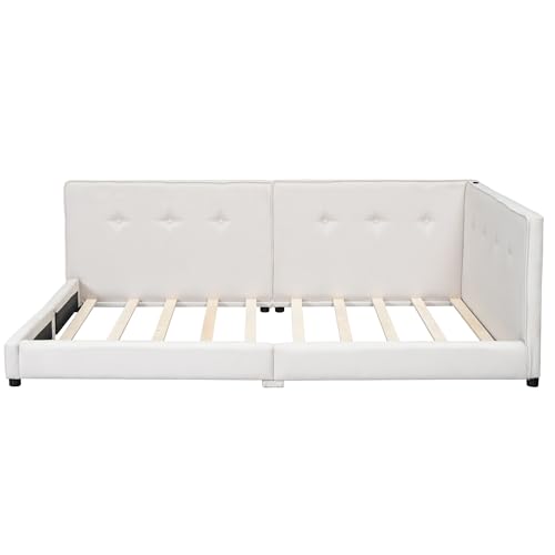 SOFTSEA Full Size Upholstered Floor Daybed, Modern L-Shaped Daybed Corner Bed with USB Ports