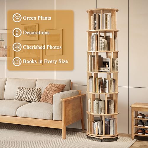 6 Tier Rotating Bookshelf Tower Spinning Bookshelf with Swivel Wheels Book Shelf Rotating Storage Tower for Kids Adult Narrow Walnut Solid Wood
