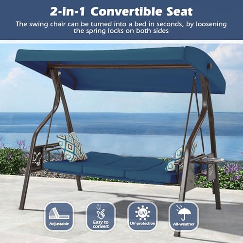 3-Seat Outdoor Porch Swing with Stand, Patio Swing with Canopy