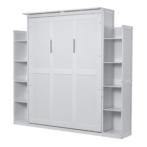 Queen Size Murphy Bed with Desk & Charging Station,Wall Bed Frame Folding into Cabinet Design w/LED & Storage Shelf for Small Space,Bedroom