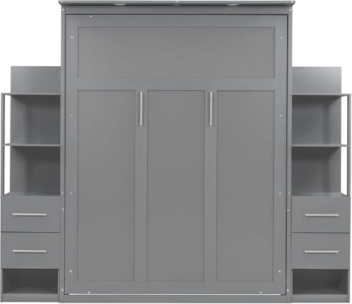 MERITLINE Queen Murphy Bed with Storage Drawers,LED Lights and Shelves,Wood Murphy Wall Bed Cabinet for Adults (Grey)