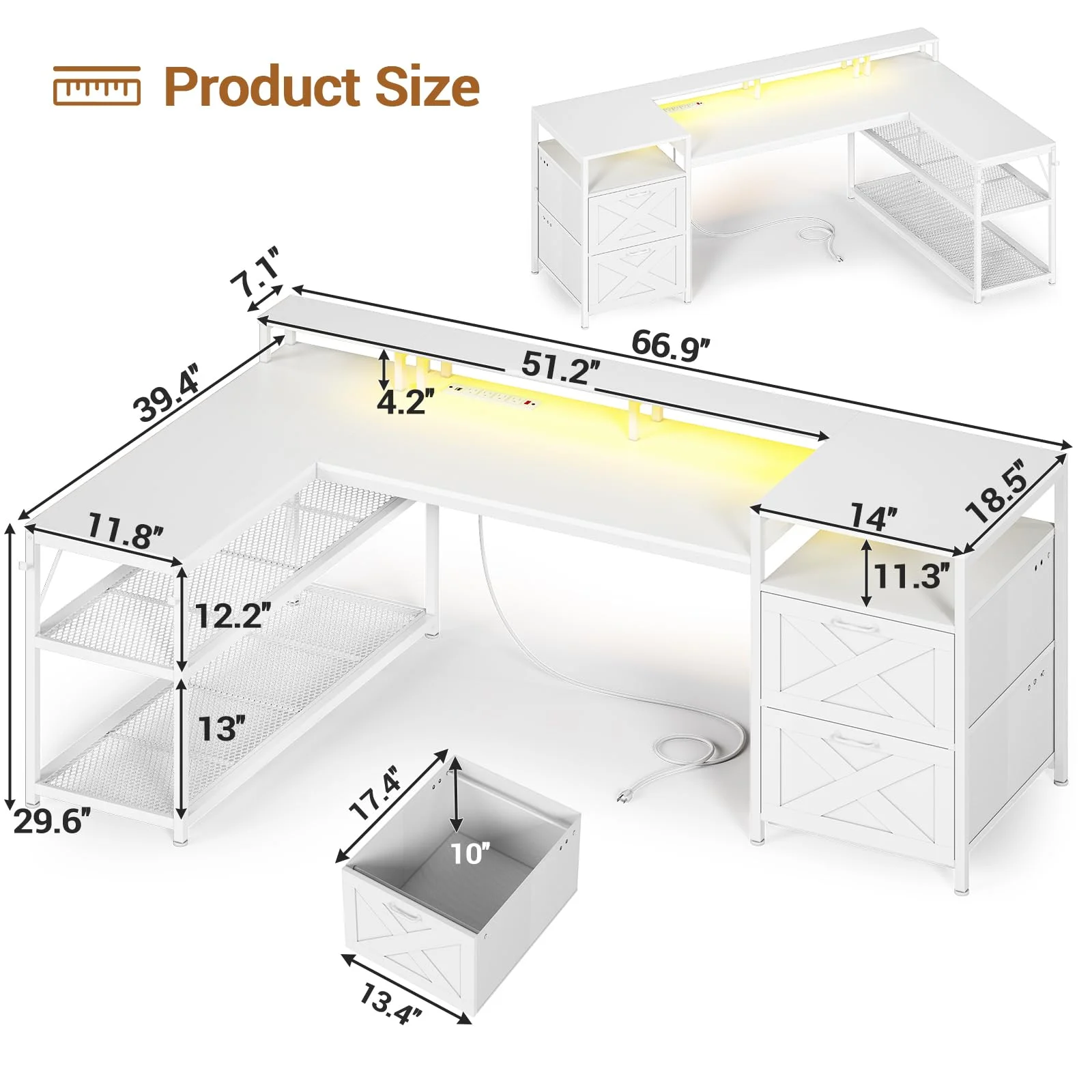 L Shaped Desk with Power Outlet and 2 Drawers, Reversible Computer Desk with LED Lights for Home Office, White
