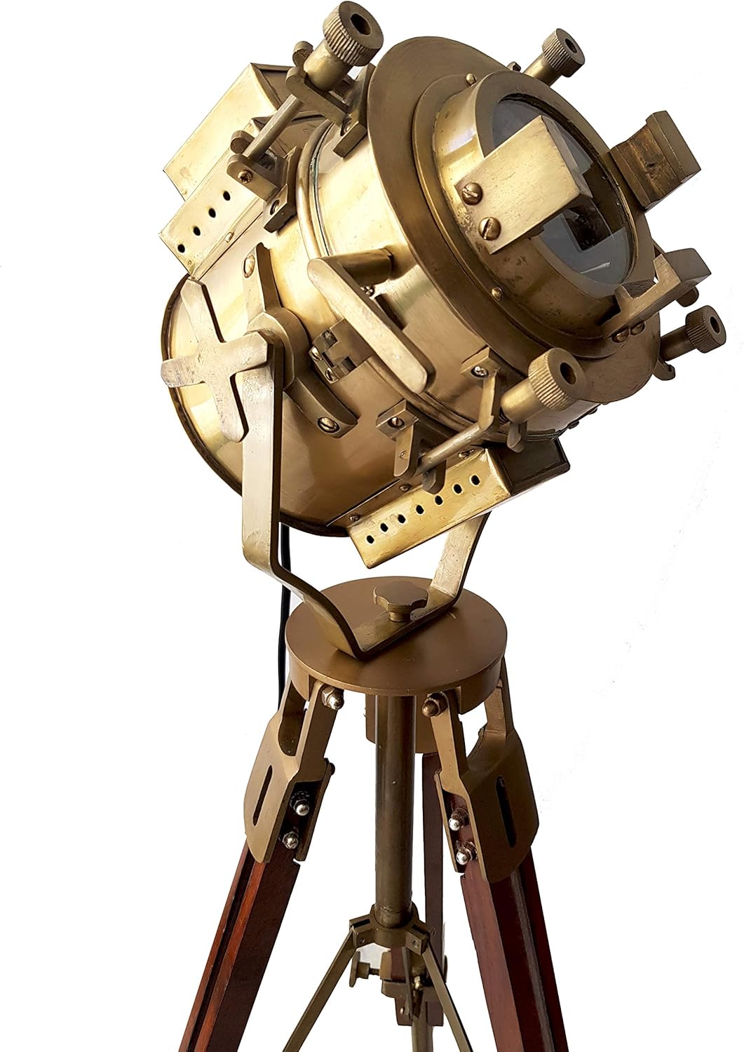 Vintage Antique Hollywood Theater Marine Searchlight Nautical Wooden Brown Tripod Handmade Brass Floor Lamp Retro Spotlight