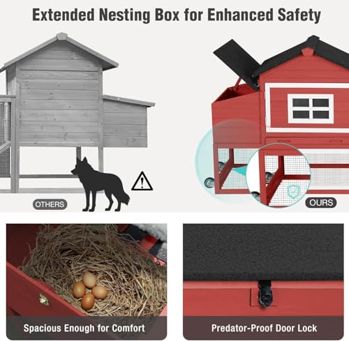 Chicken Coop with Wheels, Mobile Outdoor Chicken House with Leakproof Pull-on Tray, Nesting Box, Waterproof Roof - Red