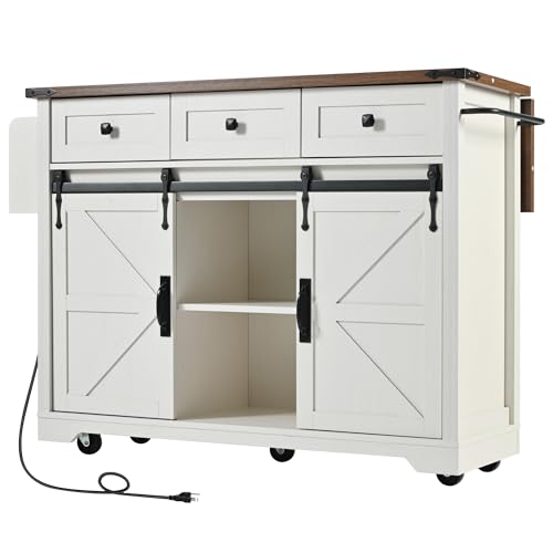 Farmhouse Kitchen Island with Power Outlet, Drop Leaf, Spice Rack and Drawer,Rolling Kitchen Cart on Wheels