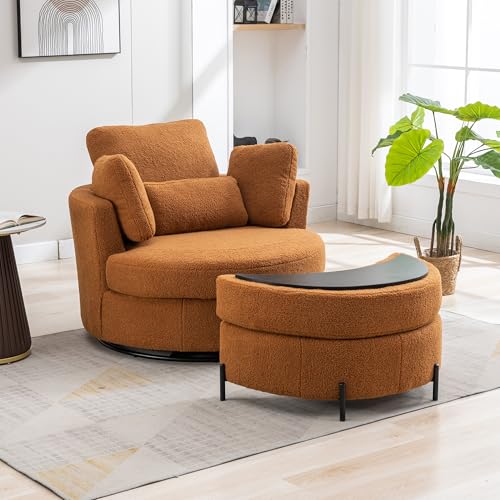 Aoiy & Wifon 42.2" W Oversized Swivel Barrel Chair with Ottoman, Upholstered Round Accent Chair with Storage Ottoman, Chenille, Beige