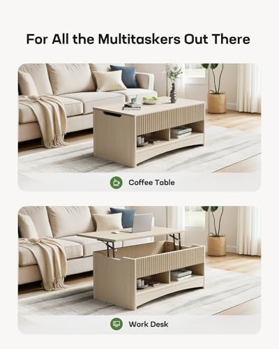 Marsail Lift Top Coffee Table with Open & Hidden Storage, Modern Fluted Coffee Table with Smooth Lift Mechanism