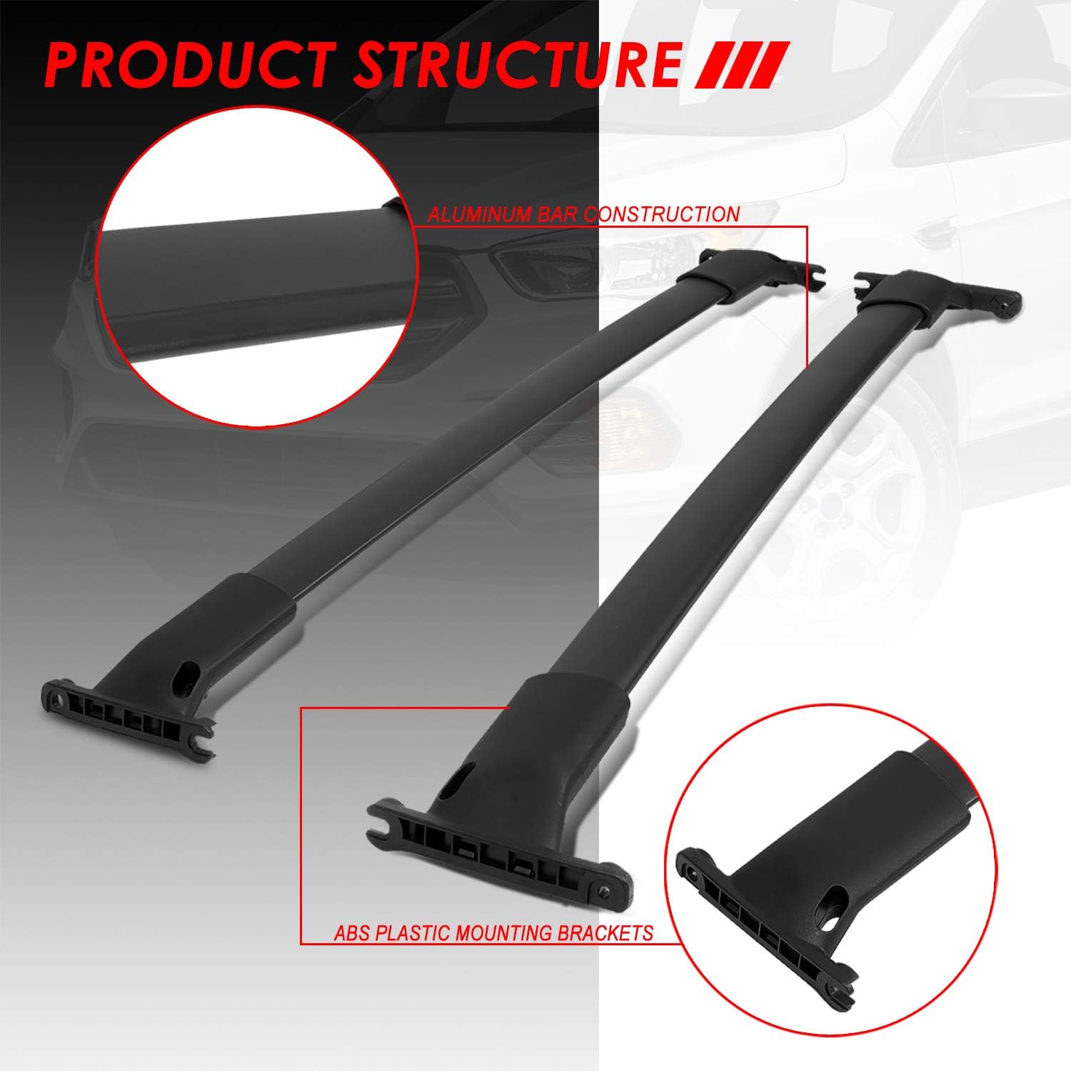 OE Style Matte Black Aluminum Roof Rack Rail Cross Bars w/ABS Mounting Brackets Compatible with Ford Escape 13-19