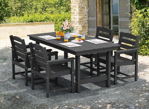 SERWALL Outdoor HDPE Dining Table Set, 7-Piece Outdoor Dining Table Sets with Umbrella Hole Cut-Out Table and 6 Chairs, Gray
