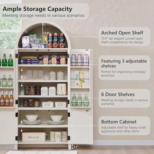 71" Tall Arched Kitchen Pantry, Modern Fluted Wood Storage Cabinet with Doors, 3 Adjustable Shelves, 6 Door Shelves, Organizer