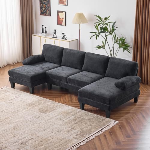 VINGLI 110" Sectional Couches for Living Room,U Shaped Couch with Double Chaise, 4-Seat Sofa Set with Chenille Fabric for Home Furniture,Forest Green