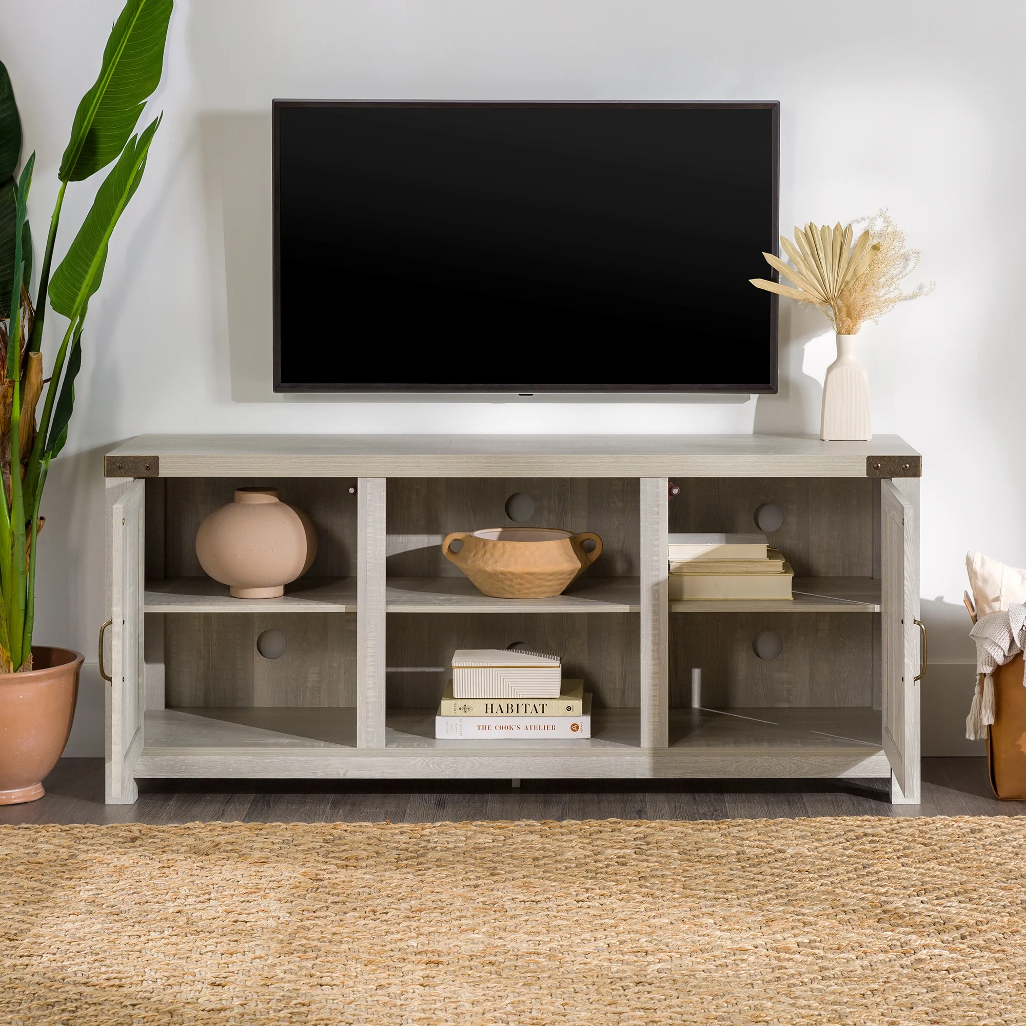 Walker Edison Modern Farmhouse Barn Door TV Stand for TVs up to 65, Grey Wash