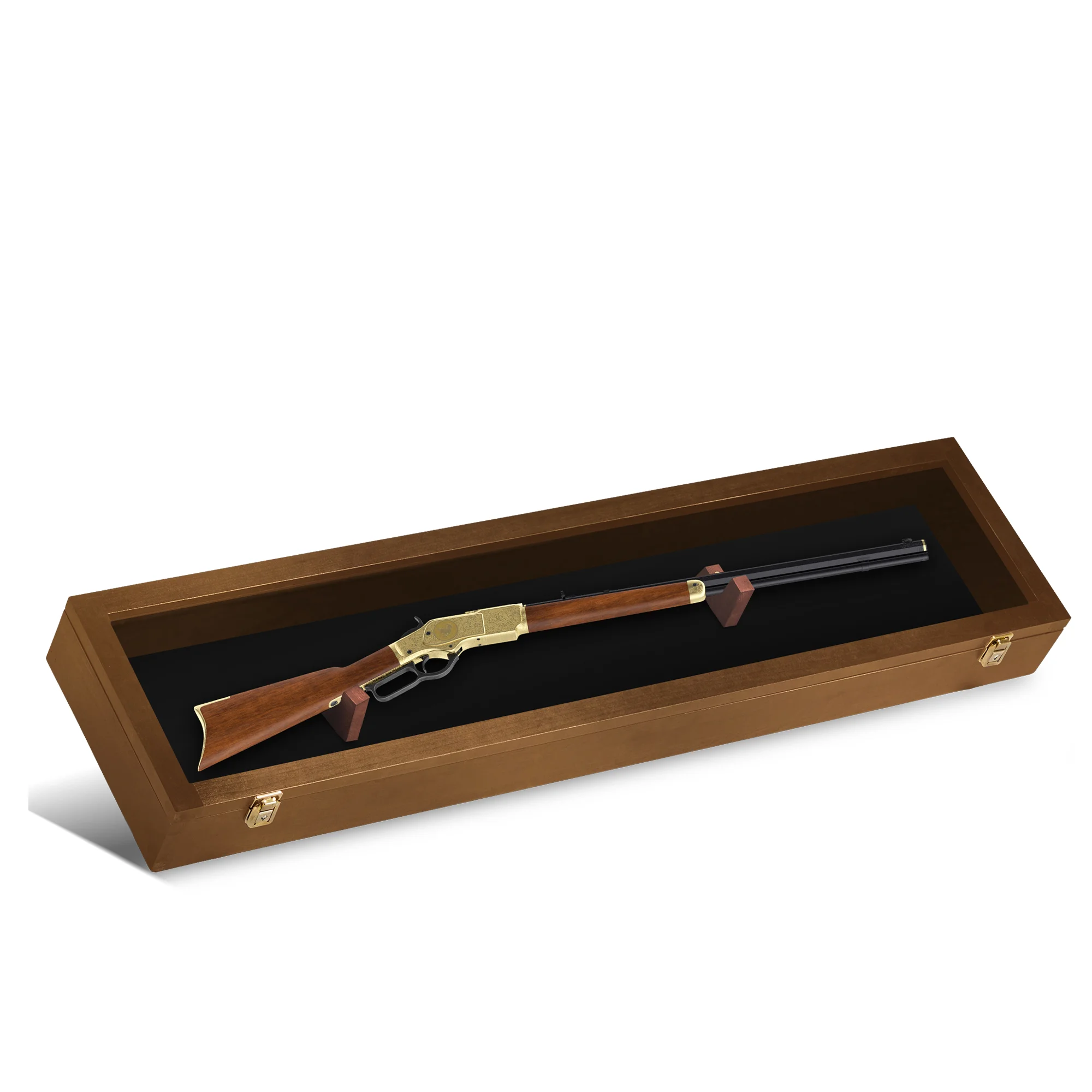 PENNZONI Rifle Gun Display Case, Clear Acrylic & Hardwood Cabinet, Golden Oak w/ Red Felt
