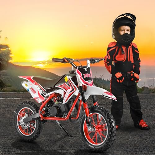 Kids Mini Dirt Bike, 2-Stroke 49cc Gas Motorcycle, Gas Power Motorbike Motocross with Off-Road Tires, Pocket Rocket Mini Pit Bike Trail Bike