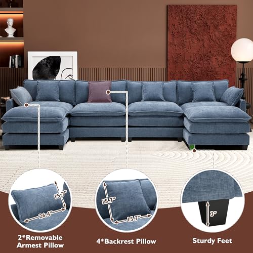 Ihanherry 111.4" U Shaped Modern Cloud Sofa Modular Sectional Couch with 2 Ottoman, 5-Seat Chenille Deep Seat Sofa with Pillow for Living Room