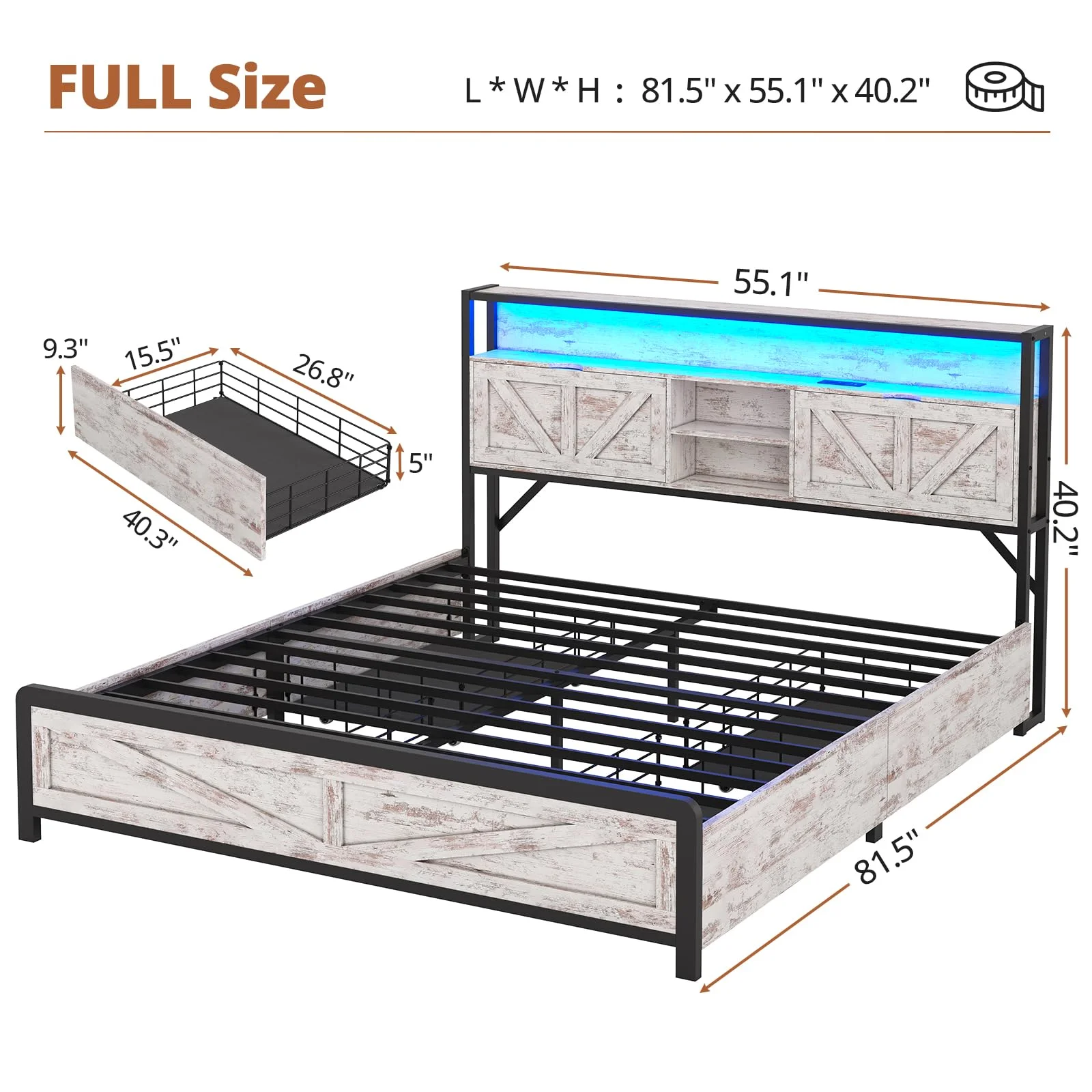 Full Size Bed Frame with Storage Headboard & 4 Drawers, Headboard with Hidden Storage, Farmhouse LED Bed Frame with USB-C/A Charging Station