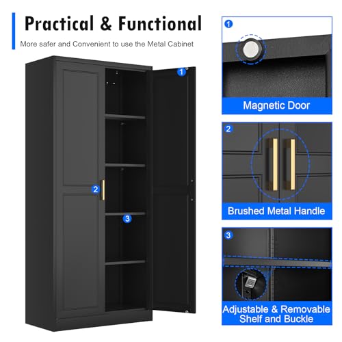 Pantry Cabinet, 71 Inch Tall Kitchen Storage Cabinet, Metal Pantry Cabinet with Doors and Adjustable Shelves, Black Food Cupboard