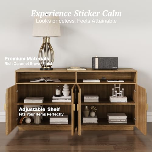 BELLEZE 65 Inch Fluted Buffet Cabinet with Storage, Symmetrical Arc Accent Sideboard Large Console Table for Dining Room, Kitchen