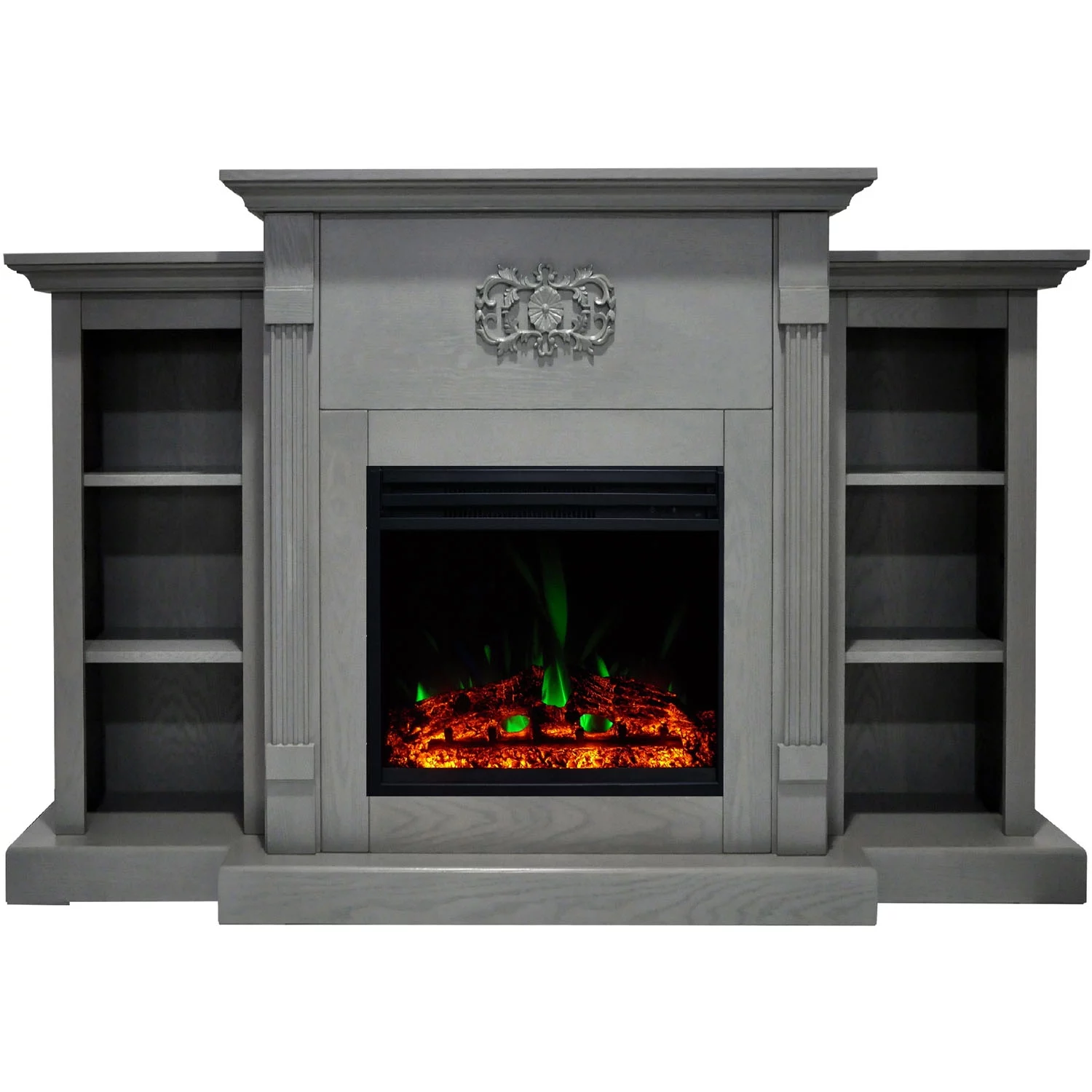 Cambridge Sanoma Electric Fireplace Heater with 72" Gray Mantel, Bookshelves, Enhanced Log Display, Multi-Color Flames, and Remote
