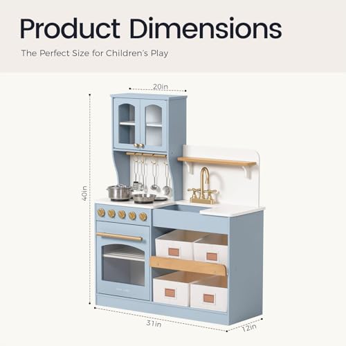 Tiny Land Play Kitchen for Kids with Enhanced Storage – Modern Toddler Kitchen Playset with Stove, Sink & Accessories, Organized Wooden Toy Kitchen