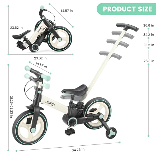 JMMD Toddler Bike with Push Handle for Kids 18-60 Months, 6 in 1 Foldable Push Bike with Training Wheels, Pedals, Brakes, Kickstand