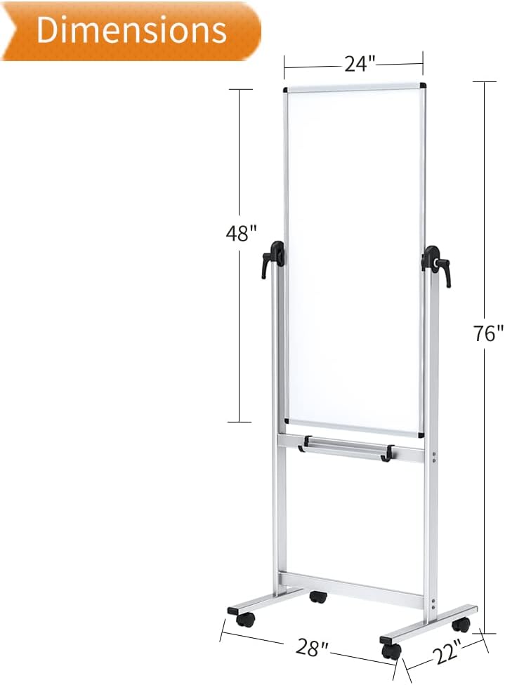 VIZ-PRO Double-sided Magnetic Mobile Whiteboard,48 x 24 Inches, Portrait Orientation,Aluminium Frame and Stand