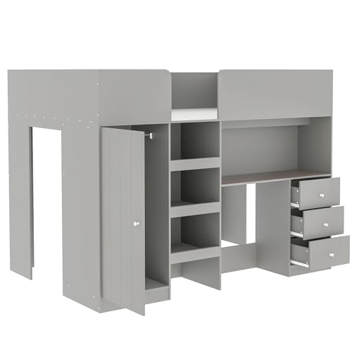 Harper & Bright Designs Full Size Loft Bed with Desk, Wood Full Loft Bed Frame with Built-in Wardrobe, Storage Shelves and Drawers, Gray