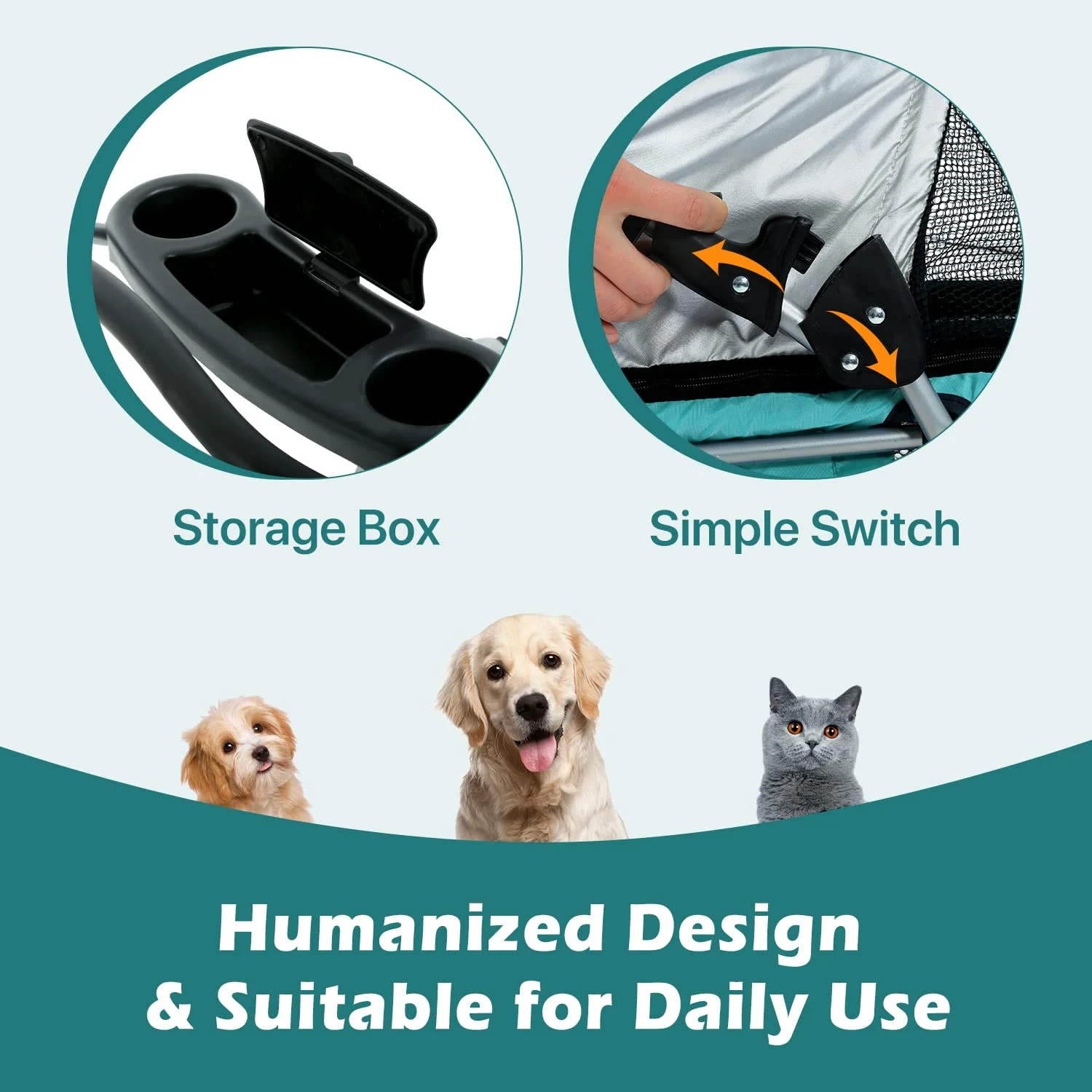 NiamVelo Small and Medium Doggie Carriage Cart, Folding 4-Wheel Dog Stroller with Cup Holders, Portable, Teal