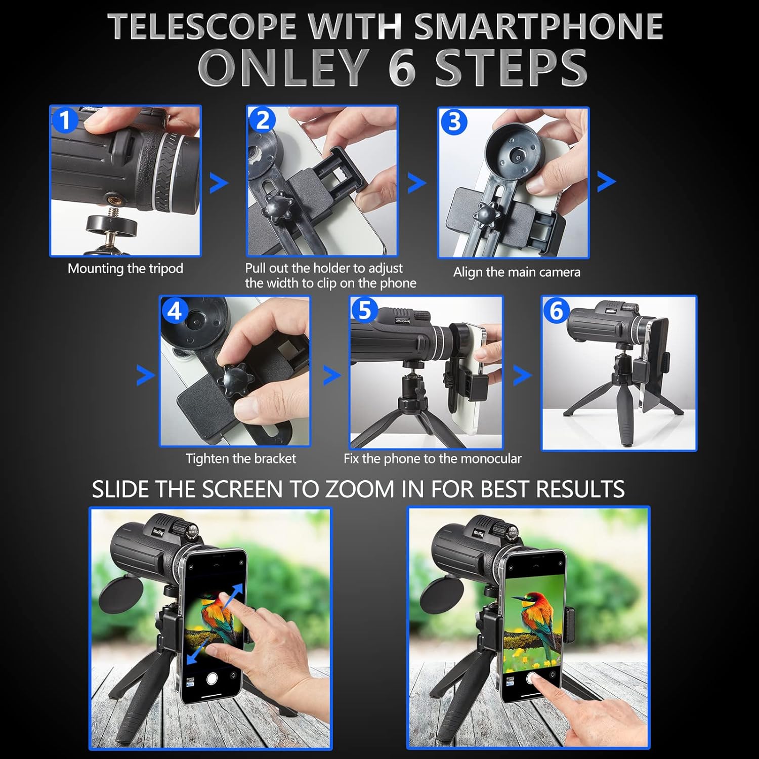 MaxFlat 12x55 High Definition Monocular Telescope, 2022 High Power BAK4 Prism & Waterproof Pocket Monocular with Smartphone Holder