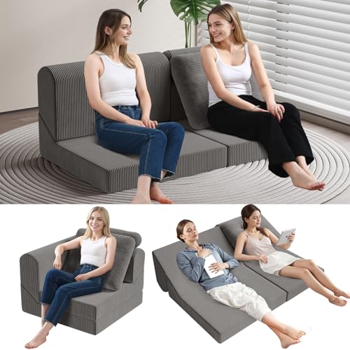 COMAX Folding Sofa Bed, Convertible Chair Bed Corduroy 3-in-1 Foldable Floor Couch with High-Density Foam, Futon Sofa Sleeper Mattress