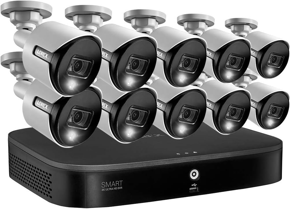 Lorex 4K Ultra HD Security System with 2TB 16-Channel DVR and Ten 4K (8MP) Active Deterrence Cameras Featuring Smart Motion Detection and Smart Home