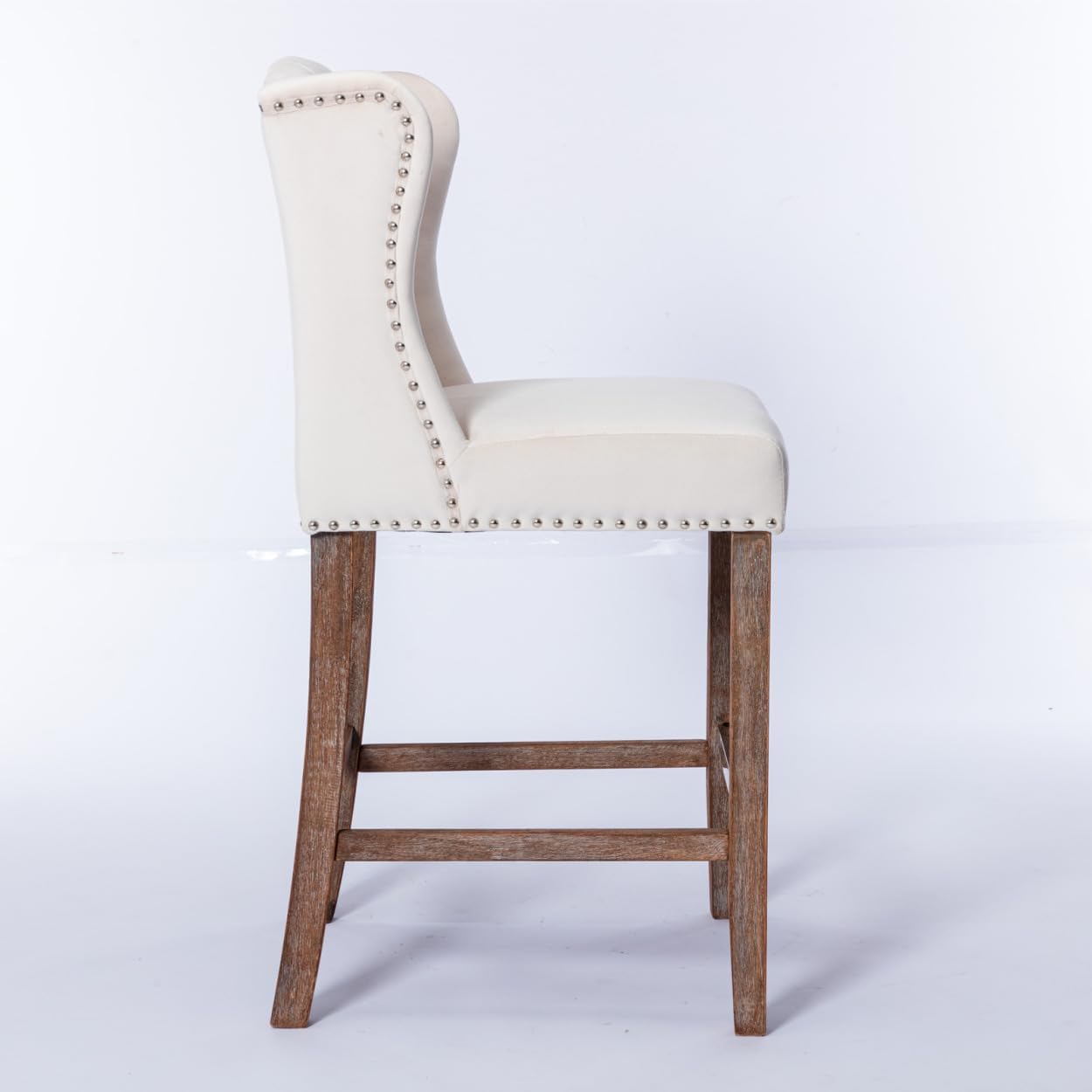 Counter Height Bar Stools, Upholstered 27" Seat Height Barstools, Wingback Breakfast Chairs with Nailhead-Trim & Tufted Back, Wood Legs