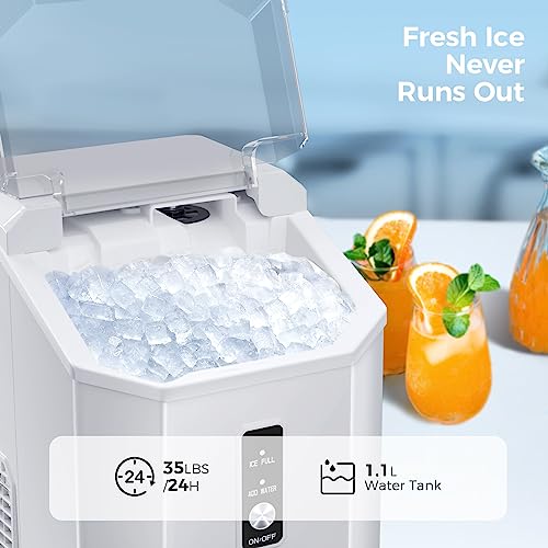 AGLUCKY Nugget Ice Maker Countertop, Portable Pebble Ice Maker Machine with Handle, 35lbs/24H, One-Click Operation