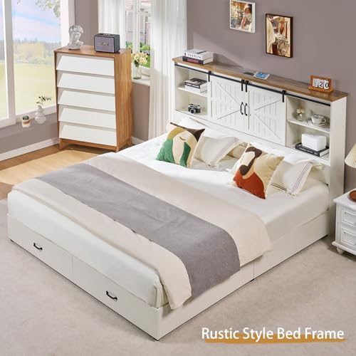 VanAcc Full Size Bed Frame, Wooden Platform Storage Bed with 51.2" Bookcase Headboard, 2 Drawers