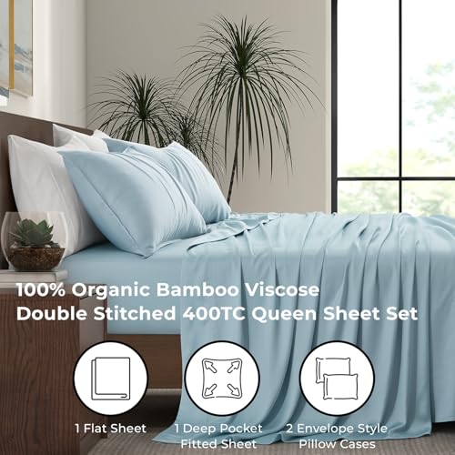 Luxury Bamboo Market | Queen Size Bed Sheet Set | 100% Viscose Made from Bamboo | Organically Grown | Ultra Soft | Cooling Sheets for Hot Sleepers |