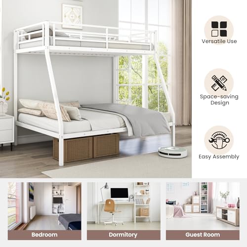 KOMFOTT Twin Over Full Bunk Bed with Trundle, Heavy-Duty Metal Bunk Bed Frame with Guardrail & 2 Ladders, Space-Saving Bunk Bed for Kids/Teens/Adults