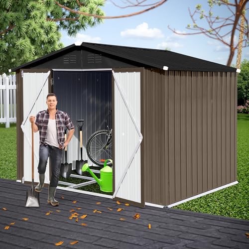 8x6 FT Outdoor Storage Shed, Metal Tool Shed with Lockable Doors, Peaked Roof & Frame Floor