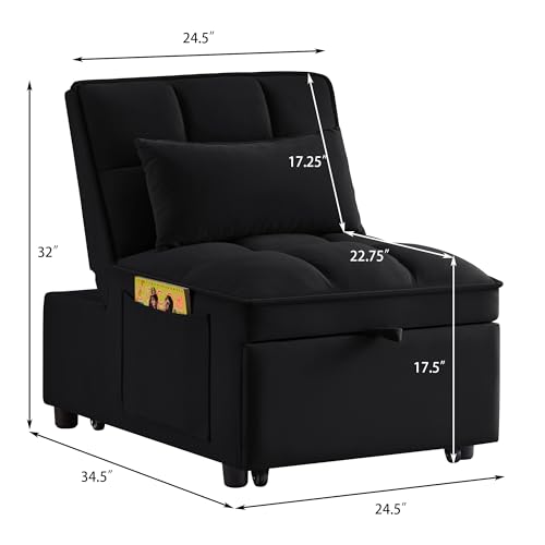 4 in 1 Multi-Function Single Sofa Bed, Pull Out Couch with Adjust Backrest, Tufted Single Pull-out Sofa Bed with Storage Pockets and 2 Pillows