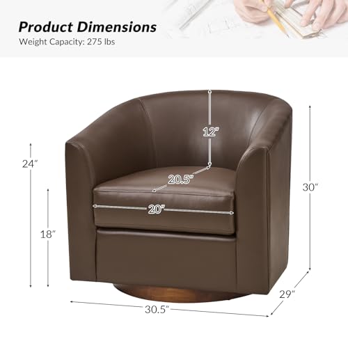 HULALA HOME Swivel Barrel Chair Set of 2, Genuine Leather Swivel Accent Chair with Solid Wood Base, Round Barrel Chair for Living Room & Bedroom