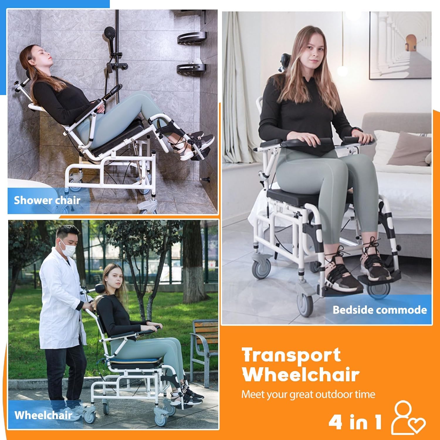 Upgrade Cushion-Juiwere Shower Chair with Arms and Back,Reclining Shower Chair with Wheels,Tilt 45° Shower Wheelchair with Headrest