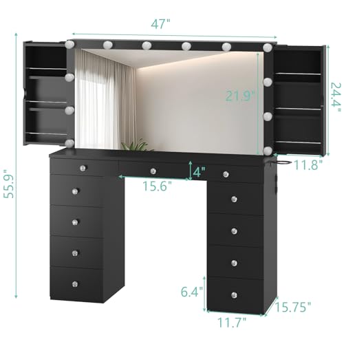 Likein Vanity Desk with Mirror and Lights, White Vanity with Jewelry Storage Cabinet, Makeup Dressing Table with 11 Drawers, Charging Station