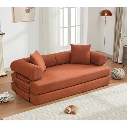 Convertible Sleeper Sofa Bed with Cylindrical Pillow, Corduroy Folding Mattress Couch with Fixed-Shape Frame
