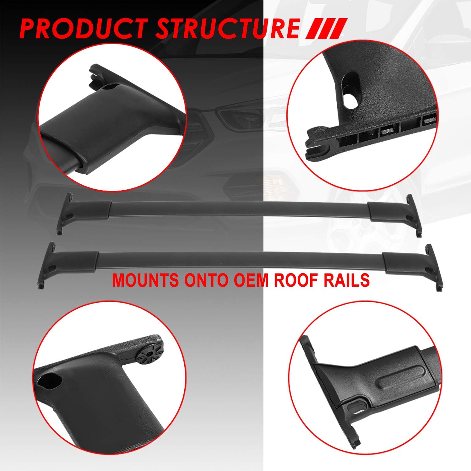 OE Style Matte Black Aluminum Roof Rack Rail Cross Bars w/ABS Mounting Brackets Compatible with Ford Escape 13-19
