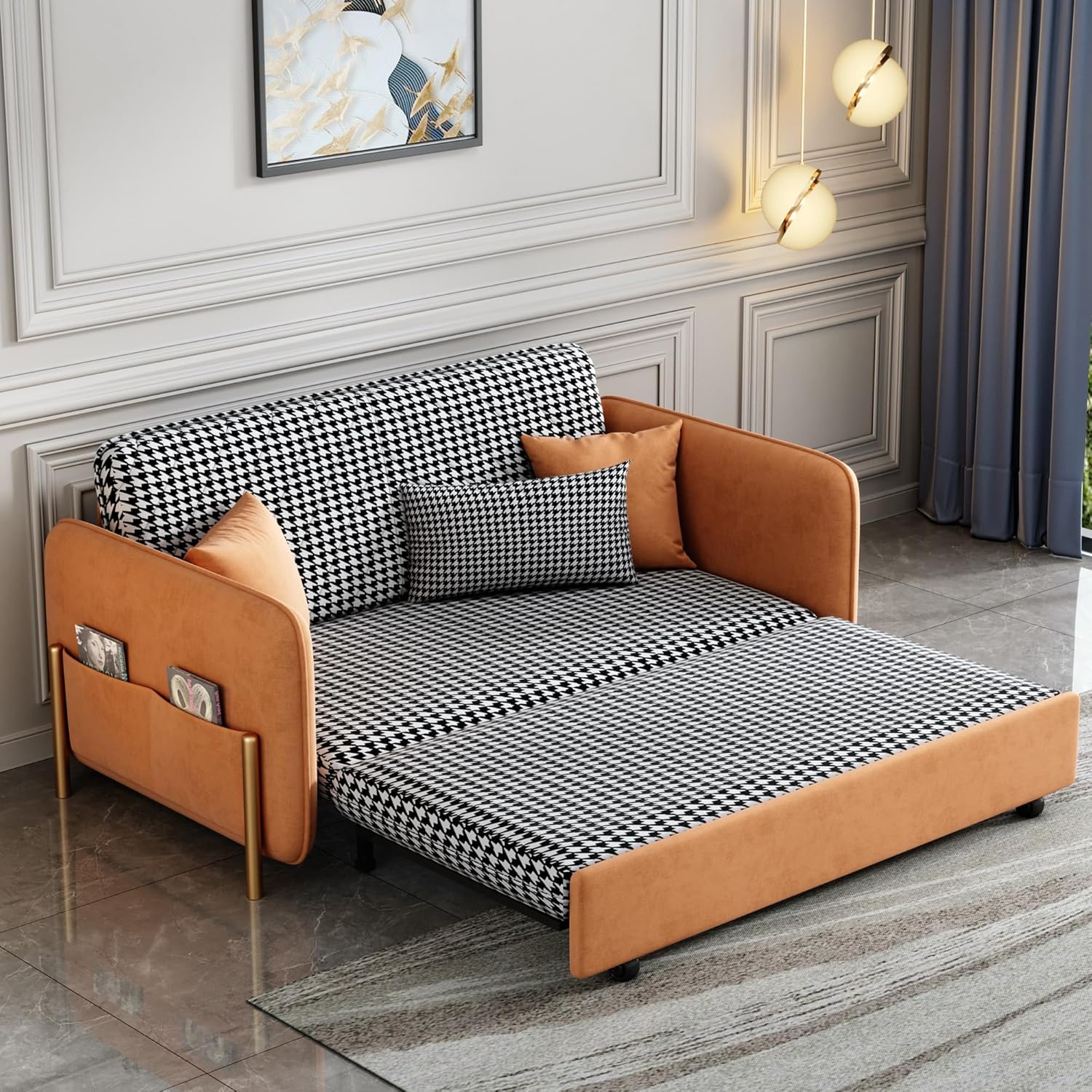 53.5" Full Sleeper Sofa Orange Upholstered Convertible Sofa Bed 3 in 1 Sleeper Sofa Couch Bed